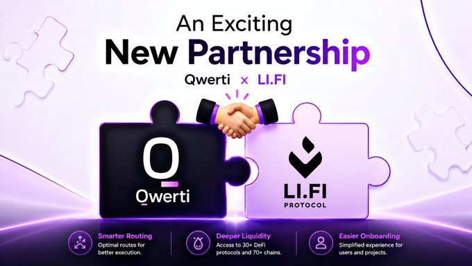 The image features a poster for a partnership between two companies, one of which is Qwerti AI. The poster includes a black puzzle piece and a purple puzzle piece, symbolizing the collaboration between these two entities. The text on the poster reads "An exciting new partnership" and "Qwerti Xcelsior partnership with LI.FI". It also mentions that this partnership can improve an entire user journey by providing liquidity aggregation across 30+ DeFi protocols and 70+ chains.