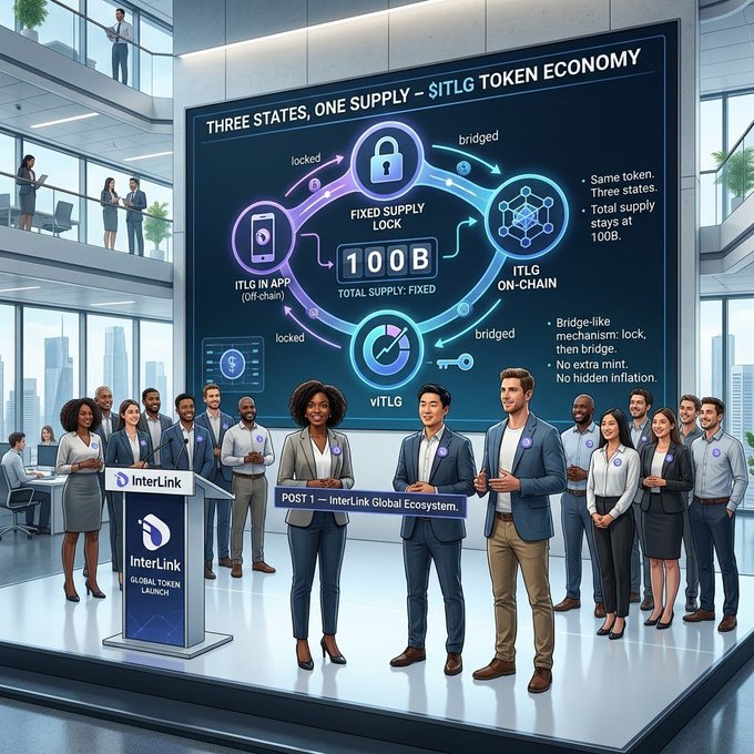 A promotional image for InterLink Global Token Launch, showing a diverse group of professionals in a modern office presenting the 'ITLG Token Economy' with a total supply of 100B.
