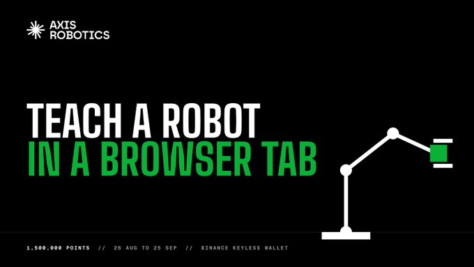 Axis Robotics promotes “Teach a Robot in a Browser Tab,” offering Binance Keyless Wallet users a chance to earn from a separate pool of 1,500,000 Points from 26 Aug to 25 Sep. The graphic shows a simple robotic arm beside the campaign details, reinforcing the post’s shift from routine crypto clicks to a browser-based robot activity.