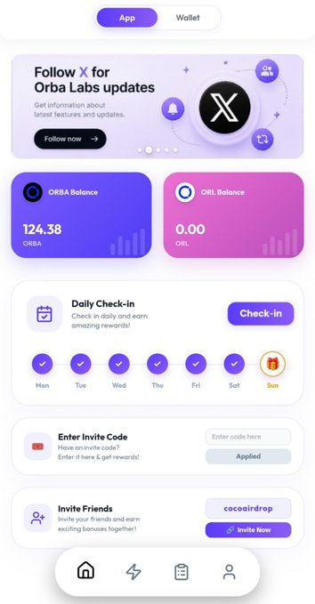 The Orba Labs app dashboard shows a mobile mining interface for $ORBA tokens, displaying a current ORBA Balance of 124.38 and 0.00 ORL, alongside a daily check-in streak and an invite code entry section featuring the referral code "cocoairdrep." It directly supports the post's claim of zero-cost mining by visually confirming the free token accumulation (124.38 ORBA) achievable without any upfront cost.