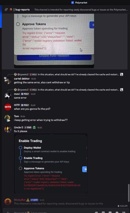 The image shows a Discord screenshot from the #bug-reports channel on Polymarket, displaying users reporting a "wallet registry violation failed" error when attempting "Approve Tokens" for trading, despite clearing cache and restarting. The accompanying post highlights how new user address generation is broken, suggesting the Polymarket team (based in US/Europe time zones) is neglecting Asian users despite the region's potential, particularly in the Philippines, for prediction markets.
