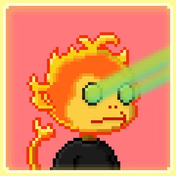 Pixel art of a character with fiery orange hair shooting laser beams from their eyes against a pink background.