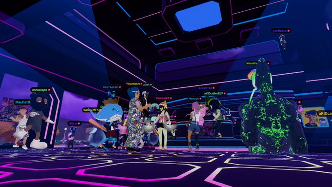 A group of avatars, including 'unrealape', 'Mauhetti_', 'BillyTeacoin', 'YolantisA++', 'meangreendoge', 'LunarFreq', and 'u_ad5xlh', are gathered in a neon-lit virtual environment.