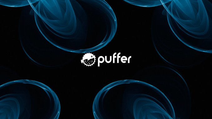 The image features the "puffer" logo—a small pufferfish icon next to the brand name—centered against a dark background decorated with ethereal, flowing blue smoke patterns that frame the logo symmetrically in each corner. The swirling blue wisps visually evoke a sense of depth and fluidity, complementing the post's theme of Puffer's integrated approach to solving Ethereum's rollup fragmentation.