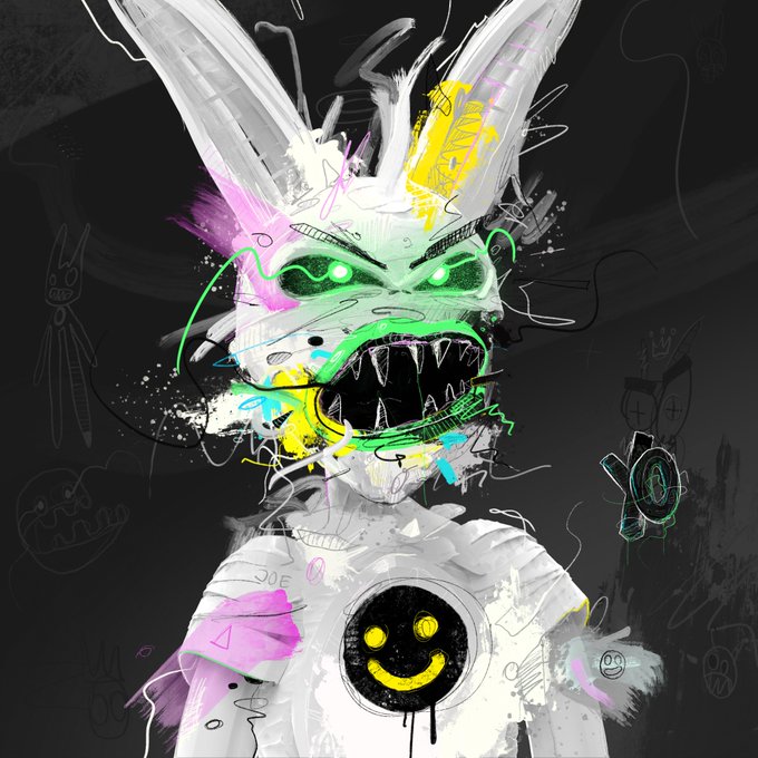 A vibrant, chaotic digital illustration of a rabbit-like creature with sharp teeth and glowing green eyes, surrounded by scribbled lines, neon colors, and a central smiley face emblem on a white shirt.