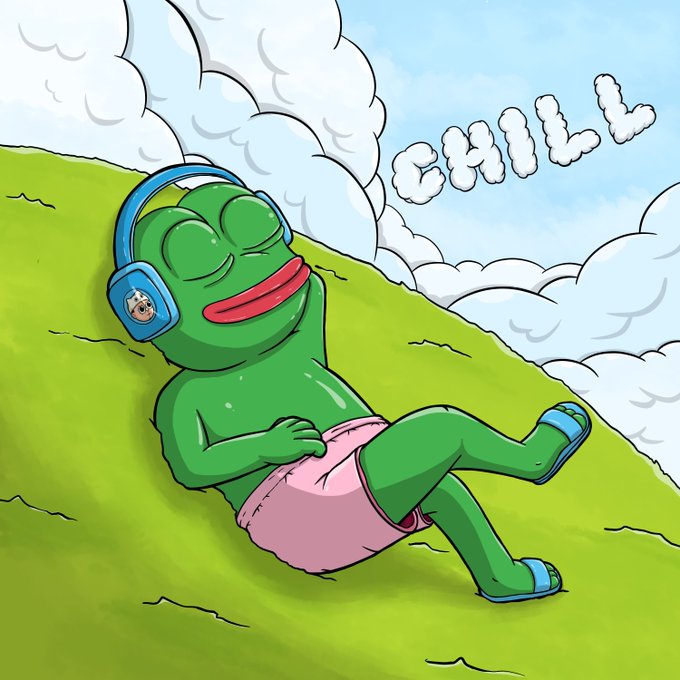 A cartoon illustration of the Pepe the Frog meme character relaxing on a grassy hill wearing blue headphones, with the word "CHILL" spelled out in cloud letters in the sky above. The headphones feature a small character charm on them.