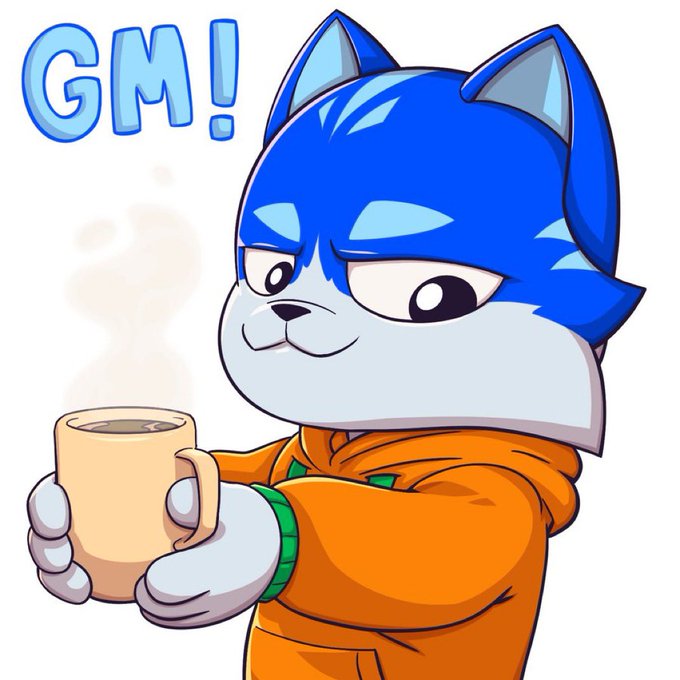 The image features a cartoon cat wearing an orange hoodie holding a cup of coffee with steam coming out of it. The cat appears to be smiling, giving off a cheerful vibe. The caption below the image reads "Sunshine, coffee, and a little bit of TOSHI. Not a bad way to start the day." This suggests that the cat is enjoying its coffee while basking in the sunshine.