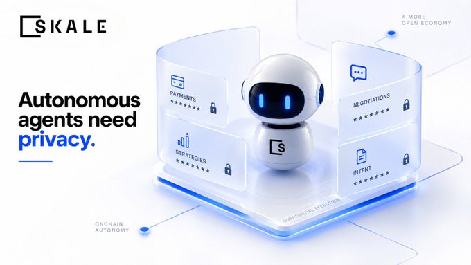 A promotional graphic for 'SKALE' cryptocurrency featuring the tagline 'Autonomous agents need privacy' alongside a white robot character surrounded by panels labeled 'PAYMENTS', 'STRATEGIES', 'NEGOTIATIONS', and 'INTENT'.