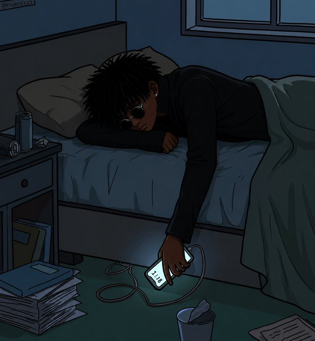 Digital illustration of a young person with dark hair and sunglasses lying on a bed, holding a phone displaying 1:18.