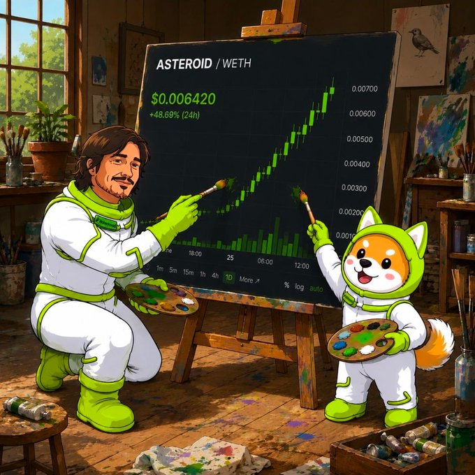 Two figures—a man and a Shiba Inu character, both wearing white and green hazmat-style suits—paint a green upward-trending candlestick chart on an easel displaying "ASTEROID / WETH" at $0.006420, up +48.69% (24h). The image playfully mirrors the post's theme, depicting the token's bullish price action being literally "painted" onto the canvas like a work of art.