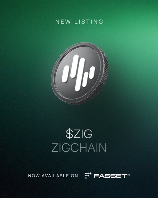 The image features a coin with a white design, which appears to be a symbol or logo for a cryptocurrency called Zigchain. The coin has been listed as new and available for purchase on Fasset's website. The text "New listing" is displayed above the coin, indicating that it is now up for sale. The post also mentions that users can earn exclusive rewards by purchasing this coin from Fasset.