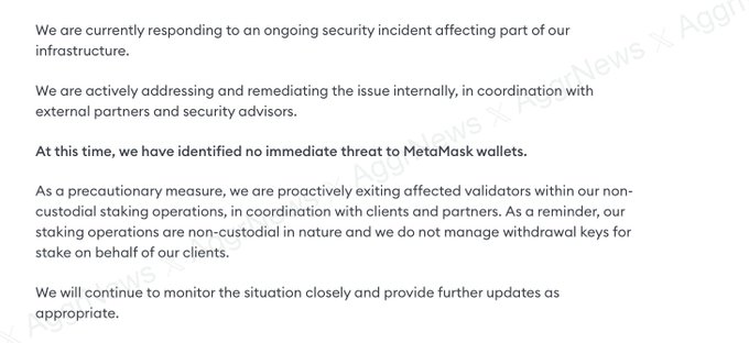 A screenshot of a MetaMask blog statement addressing a security incident, confirming no immediate threat to MetaMask wallets and announcing the proactive exit of affected validators within their non-custodial staking operations.