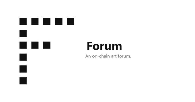 A minimalist logo design for "Forum," described as "An on-chain art forum," featuring a stylized F made of black squares.