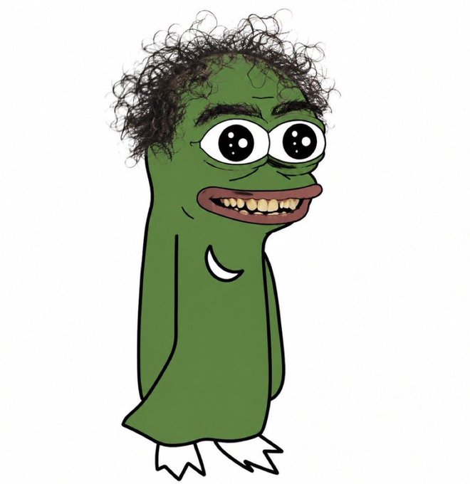 A cartoon-style green character with curly black hair, large expressive eyes, and a wide toothy smile stands against a white background.