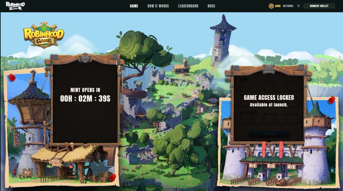A screenshot of the 'RobinHood Game' website shows a countdown timer indicating 'MINT OPENS IN 00H : 02M : 39S' alongside a panel stating 'GAME ACCESS LOCKED'.