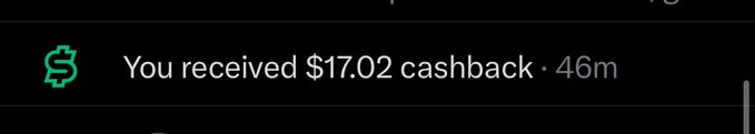 A screenshot of a mobile notification showing "You received $17.02 cashback · 46m" next to a green dollar sign icon, illustrating a recent cashback reward associated with XMoney.