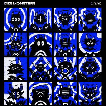 A grid titled 'DES MONSTERS' displaying 1/62 cartoonish blue and black monster character icons.