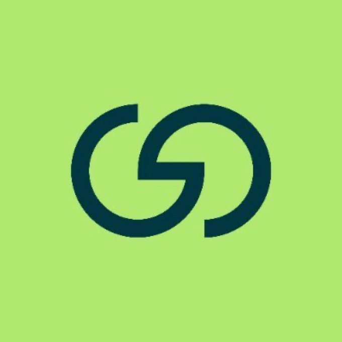 A dark stylized “GO”-like logo sits centered on a bright lime-green background.