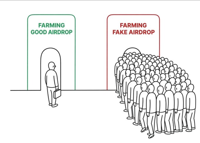 An illustration showing one person walking through a green 'FARMING GOOD AIRDROP' doorway while a large crowd lines up at a red 'FARMING FAKE AIRDROP' doorway.