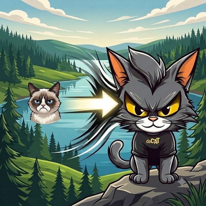 The image features a cartoon cat sitting on top of a rock with trees behind him. The cat has a frowning expression, giving off an angry vibe. In front of the cat, there's a river flowing through the scene. A caption below the image reads "Happy Caturday, $daCAT legends! Grumpy Cat said no to everything... daCAT woke up with a new look, electric swagger, and said: Let’s build comics, drop an animated movie, jump into games, and actually create something legendary." This is not just another meme coin. It's a post related to the cartoon cat image that encourages creativity and storytelling in the world of animation.