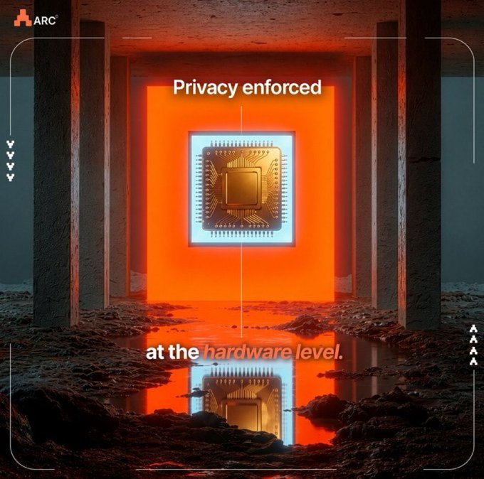 A promotional graphic for ARC shows a microchip displayed in an orange-lit chamber with the text 'Privacy enforced at the hardware level.'