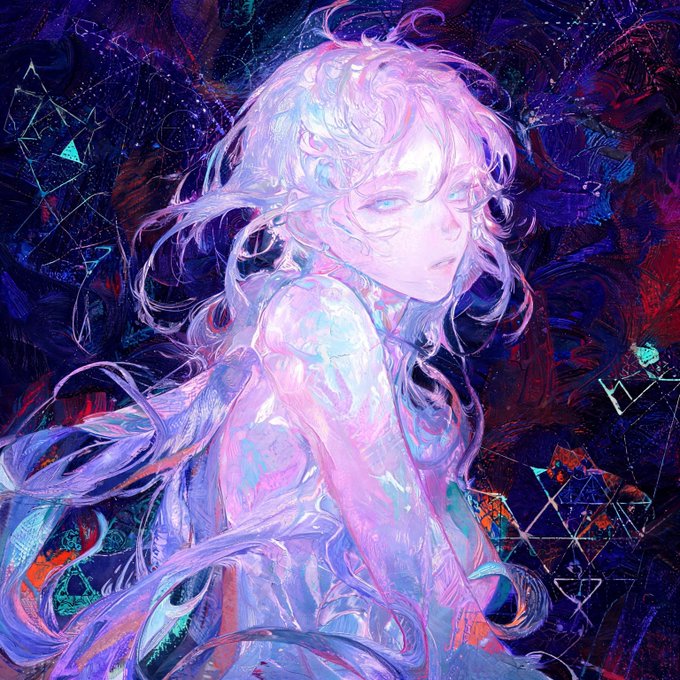 A digital anime-style illustration of a girl with long, flowing pink and purple hair and blue eyes, set against a dark, abstract background with geometric shapes and starry patterns.