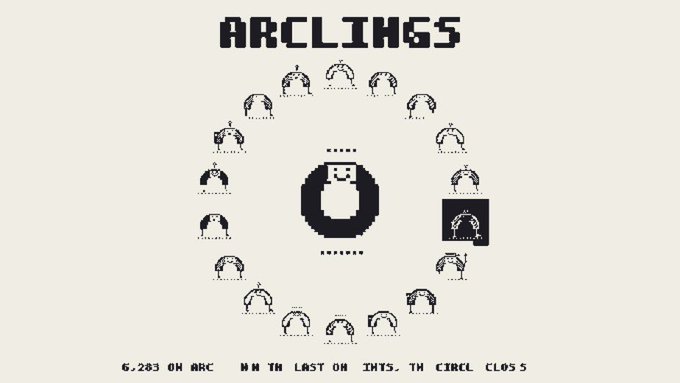 Pixel art display titled 'ARCLINGS' showing a circle of small character icons with text reading '6,283 ON ARC' and 'AIM TH LAST ON ENDS. TH CIRCLE CLOS.S'.