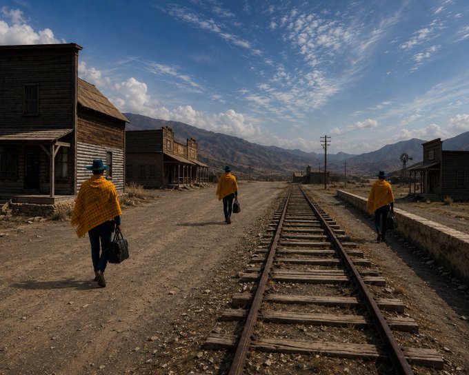 Three figures wearing yellow ponchos walk along a dusty Western town street with railroad tracks stretching into the distance toward mountains under a cloudy sky.