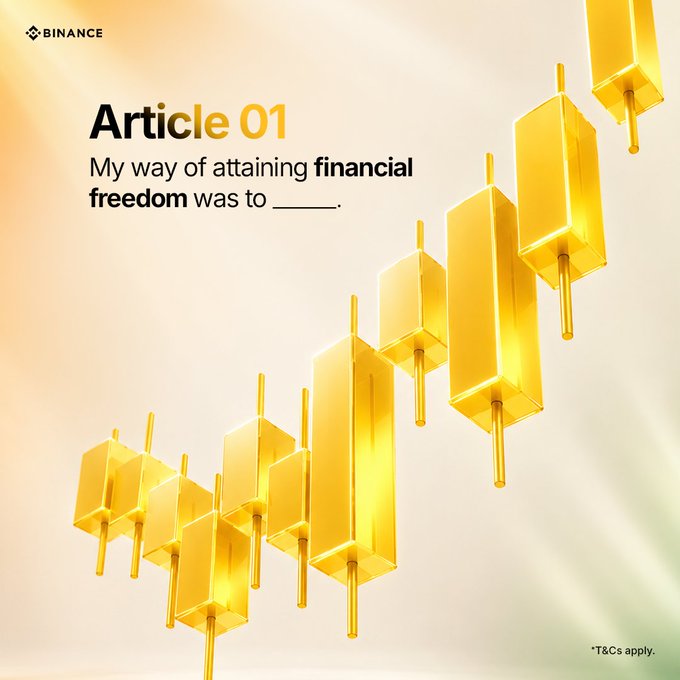 A Binance-branded promotional graphic featuring golden candlestick chart bars with the text "Article 01: My way of attaining financial freedom was to ____." The image serves as a fill-in-the-blank template encouraging users to share their financial freedom stories for a contest tied to India's 80th Independence Day, with top responses winning $80 USDT.