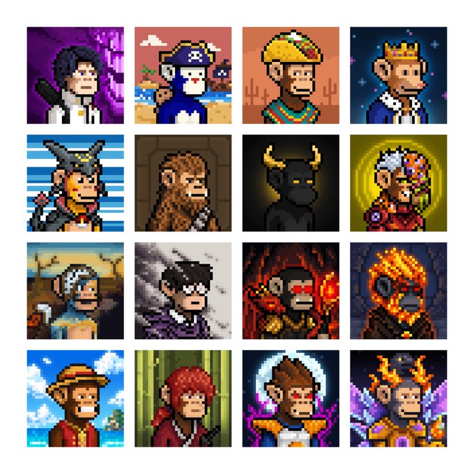 A colorful grid of sixteen pixel art monkey characters in various costumes and settings, resembling a Bored Ape-style NFT collection.