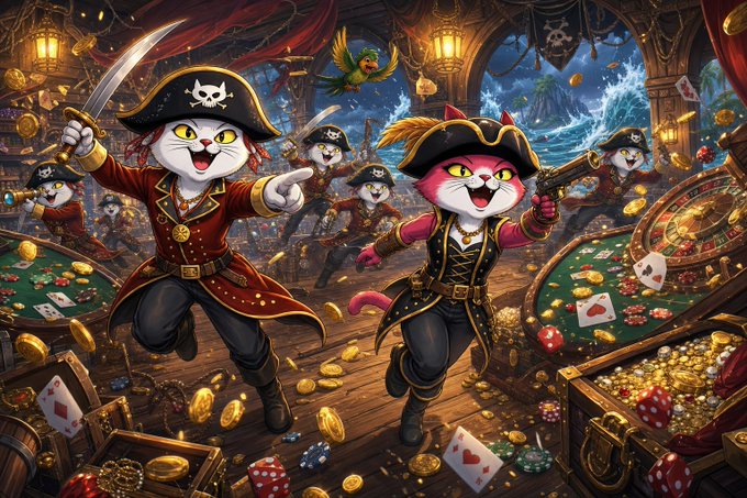 A vibrant digital illustration depicts anthropomorphic cats dressed as pirates in a treasure-filled tavern, with gold coins, playing cards, and a parrot scattered around them.