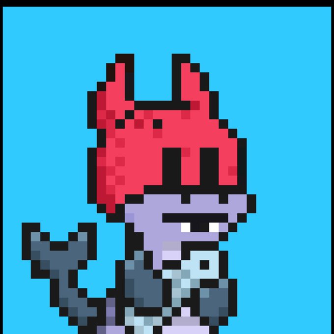 A pixel art character with a pink horned helmet, purple face, and gray body is set against a solid blue background.