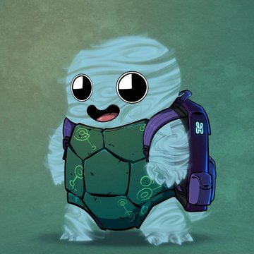 The image features a cartoon turtle with a backpack, giving off a playful vibe. The turtle has a green shell adorned with blue and purple designs, making it look like a character from a comic book or animated movie. The turtle's face is lit up with a big smile, adding to its friendly demeanor. The post includes the text "My mints from yesterday @TimelessTurts #HederaNFTs $HBAR". This suggests that the image might be related to a social media post featuring the turtle or an advertisement for mints.