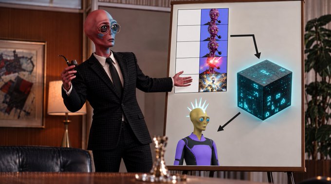 A creative image showing an alien in a black suit pointing to a whiteboard diagram featuring creatures, galaxies, a glowing blue dice-like cube, and another alien character.