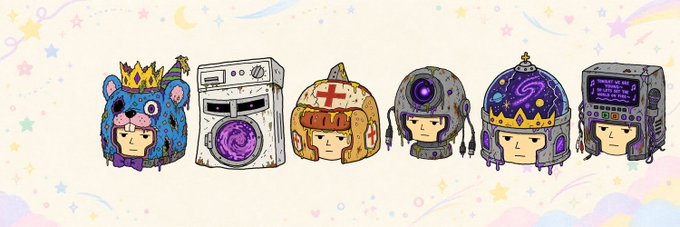 A row of six cartoon-style illustrated characters wearing various colorful, themed helmets against a pastel starry background.