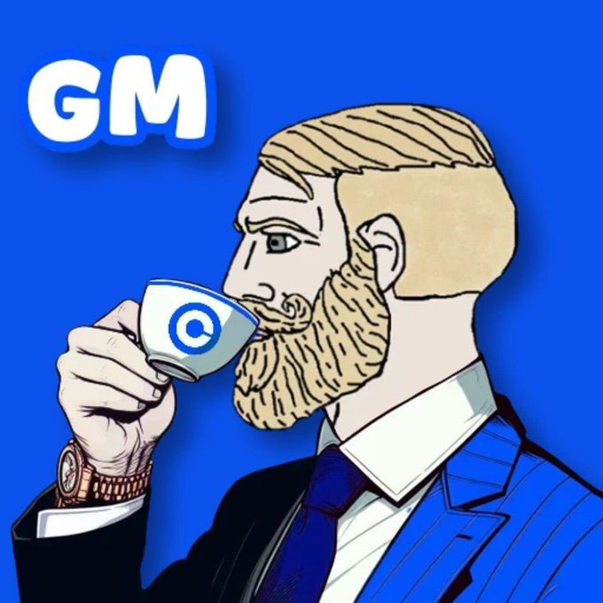 A cartoon illustration of a bearded man in a suit sipping from a white teacup bearing a "C" logo, with "GM" displayed in bold text against a blue background, fittingly themed for the crypto project's "Good Morning" style engagement post promoting Osmotix ($OSM).