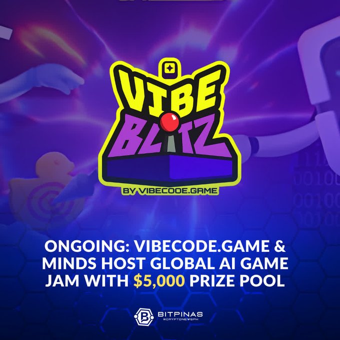 A promotional graphic for 'VIBE BLITZ' by VibeCode.Game, announcing an ongoing AI game jam hosted with MINDS featuring a $5,000 prize pool, branded by BitPinas.