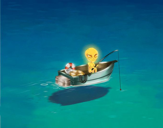 A cartoon illustration of a glowing yellow alien fishing from a small boat floating on turquoise water.