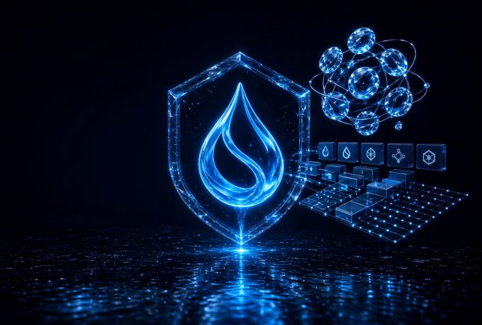 A glowing blue shield containing a water droplet symbol, surrounded by floating atom-like spheres and a grid of digital cubes, set against a dark background to evoke themes of cryptocurrency security or blockchain technology.