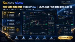 An advertisement for RelaxView by olaxView featuring Chinese text and charts showing trading/financial data interfaces.