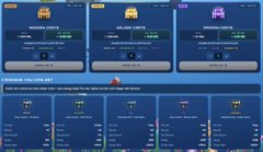 The image displays a game interface showing various levels and stats for cannons and entities like "Modern Crypto," "Shilling Crypto," and "Spaceship Crypto." It relates to the post by illustrating the upgrade system, where cannons progress from Level 1 to Level 10, with visual stats demonstrating improvements in fire rate, energy capacity, and energy regeneration as players advance.