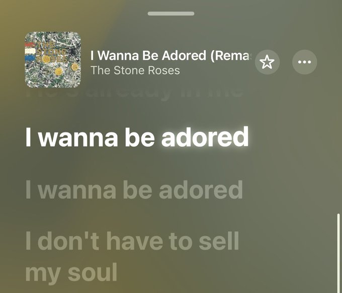 A screenshot of Apple Music displaying lyrics from "I Wanna Be Adored" by The Stone Roses, highlighting the lines "I wanna be adored" and "I don't have to sell my soul," which the poster uses to emphasize that advocating for $CATE doesn't compromise their integrity.