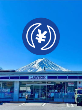 Lawson convenience store stands beneath Mount Fuji beneath a circular logo featuring a yen (¥) symbol flanked by signal waves—visually echoing the announcement that Lawson will pilot yen-pegged stablecoin JPYC payments starting in early August.