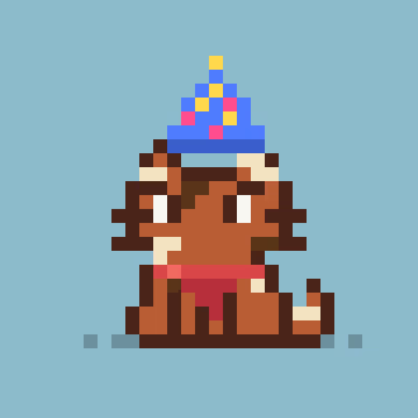A pixel art illustration depicts a brown, cat-like character wearing a blue, yellow, and pink party hat, sitting against a solid light blue background.
