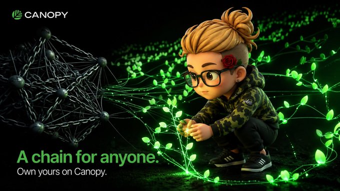 A Canopy cryptocurrency advertisement featuring a 3D-rendered cartoon character with blonde hair and glasses tending to glowing green plants, with the tagline 'A chain for anyone. Own yours on Canopy.'