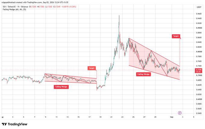 A TradingView candlestick chart for SUI/USDT on Binance showing a "Falling Wedge" technical pattern with two highlighted wedge formations and target price projections around 0.8600.