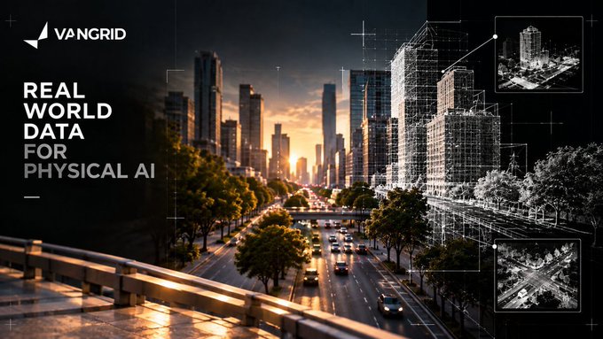 A marketing banner for 'VANGRID' with the tagline 'REAL WORLD DATA FOR PHYSICAL AI', featuring a cityscape at sunset with wireframe building overlays and inset images.