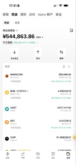 A cryptocurrency portfolio app screenshot in Chinese showing a total balance of ¥544,863.86, with assets listed including MARSCOIN (359,948.30), BNB (4.99243219), USDT (2,617.41142), BTC (0.01267812), and CHIP (51.85825527).