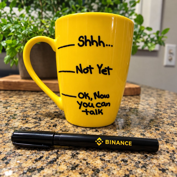 A yellow coffee mug with text reading 'Shhh... Not Yet Ok, Now You can talk' sits on a granite counter next to a black Binance-branded pen.