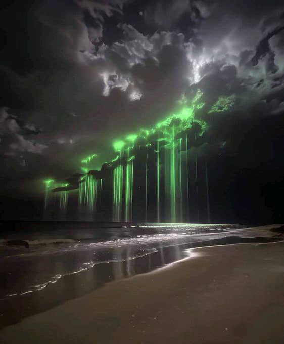 A nighttime beach scene with dramatic clouds, where ethereal green light beams rain down from the sky onto the shore.